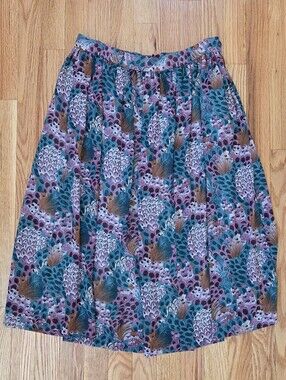 Vintage 80s Campus Casuals Peacock Print Pleated Midi Skirt Teal Purple